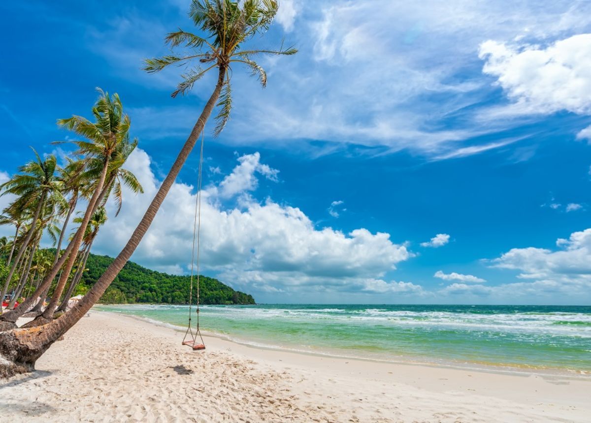 White sand and a rope swing on a palm tree at Sao Beach, Phu Quoc, with turquoise water and forested hills behind